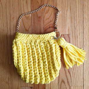 Small Boho Crochet Mini Handmade Handbag Bright Banana Yellow Gold Chain Strap